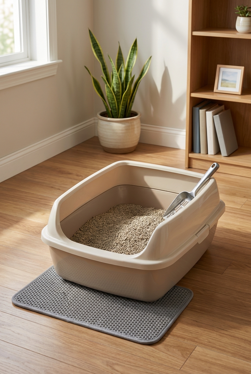 A large uncovered litter box in a calm corner of a home with a small mat underneath