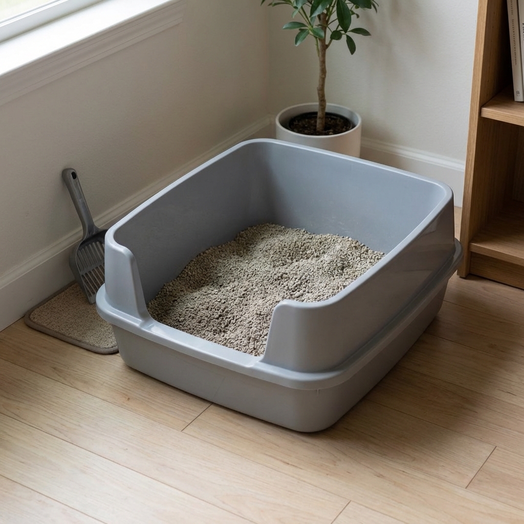 A large uncovered litter box with low sides placed in a quiet corner of a room