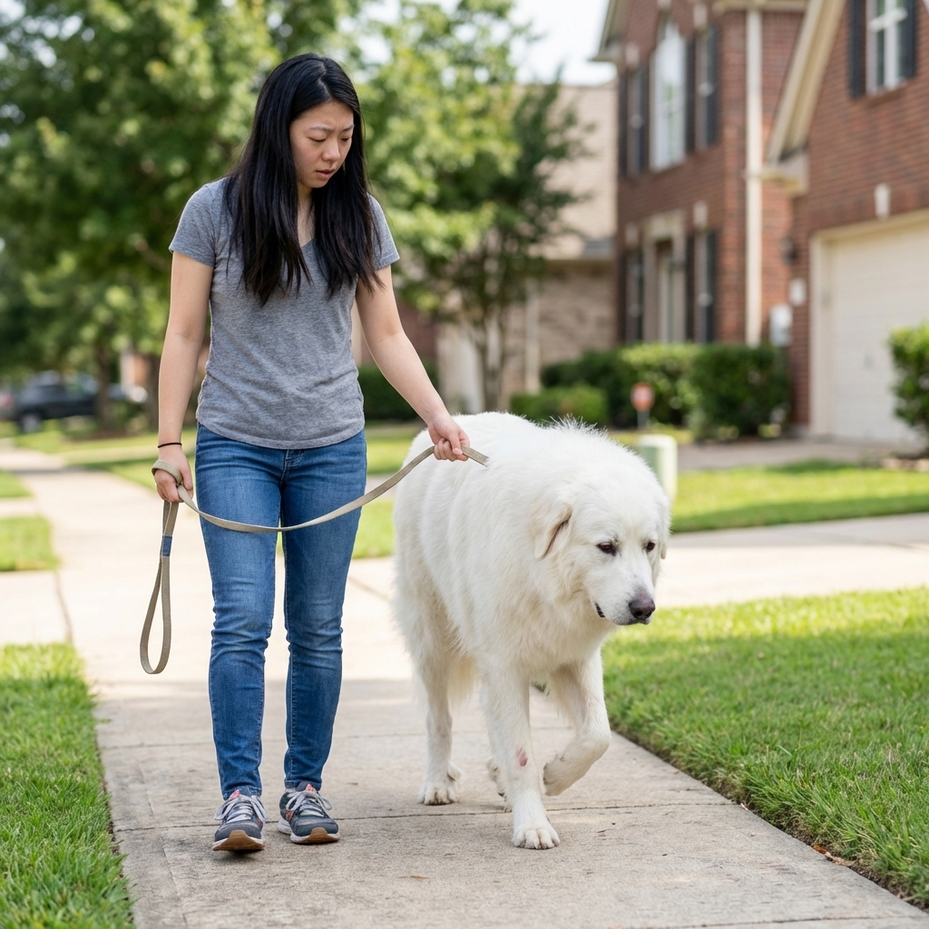 A large white Great Pyrenees walking slowly on a sidewalk with a noticeable limp while an owner holds the leash, photorealistic outdoor photo in natural daylight