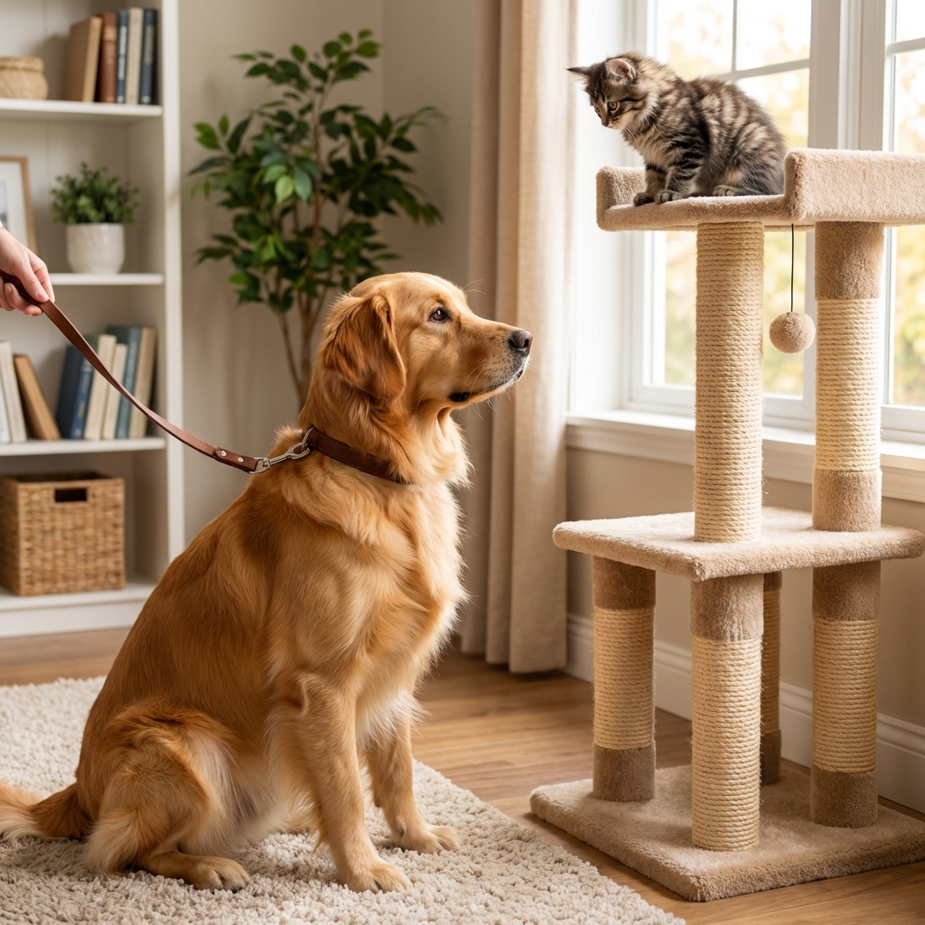 A leashed dog calmly sitting while a small kitten watches from the top of a cat tree in the same room