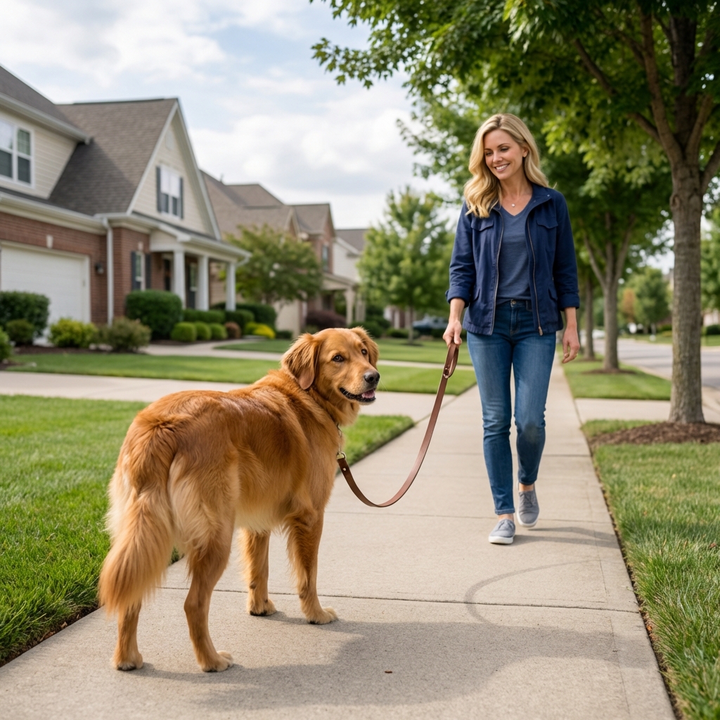 A leashed dog looking back at its owner during a quiet neighborhood walk