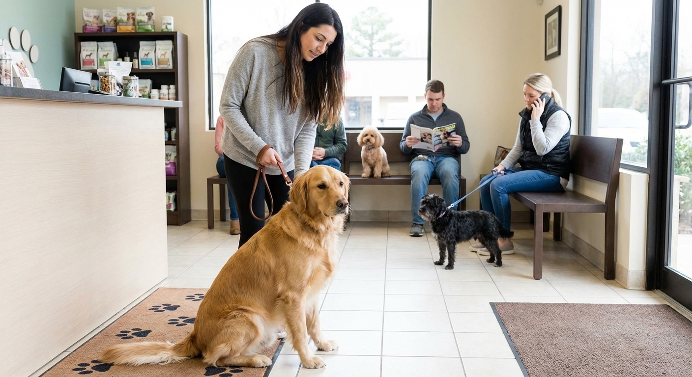 A leashed dog sitting calmly in a grooming salon waiting area while other dogs and owners wait nearby, real photo