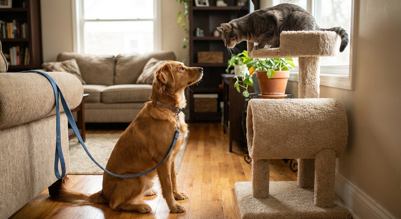 A leashed dog sitting calmly while a cat watches from the top of a cat tree