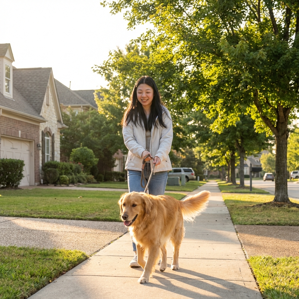 A leashed dog walking on a neighborhood sidewalk beside an owner during morning light