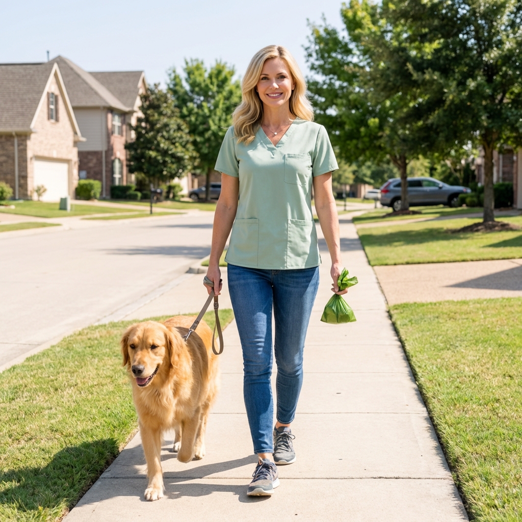 A leashed dog walking on a neighborhood sidewalk beside a person holding a small waste bag