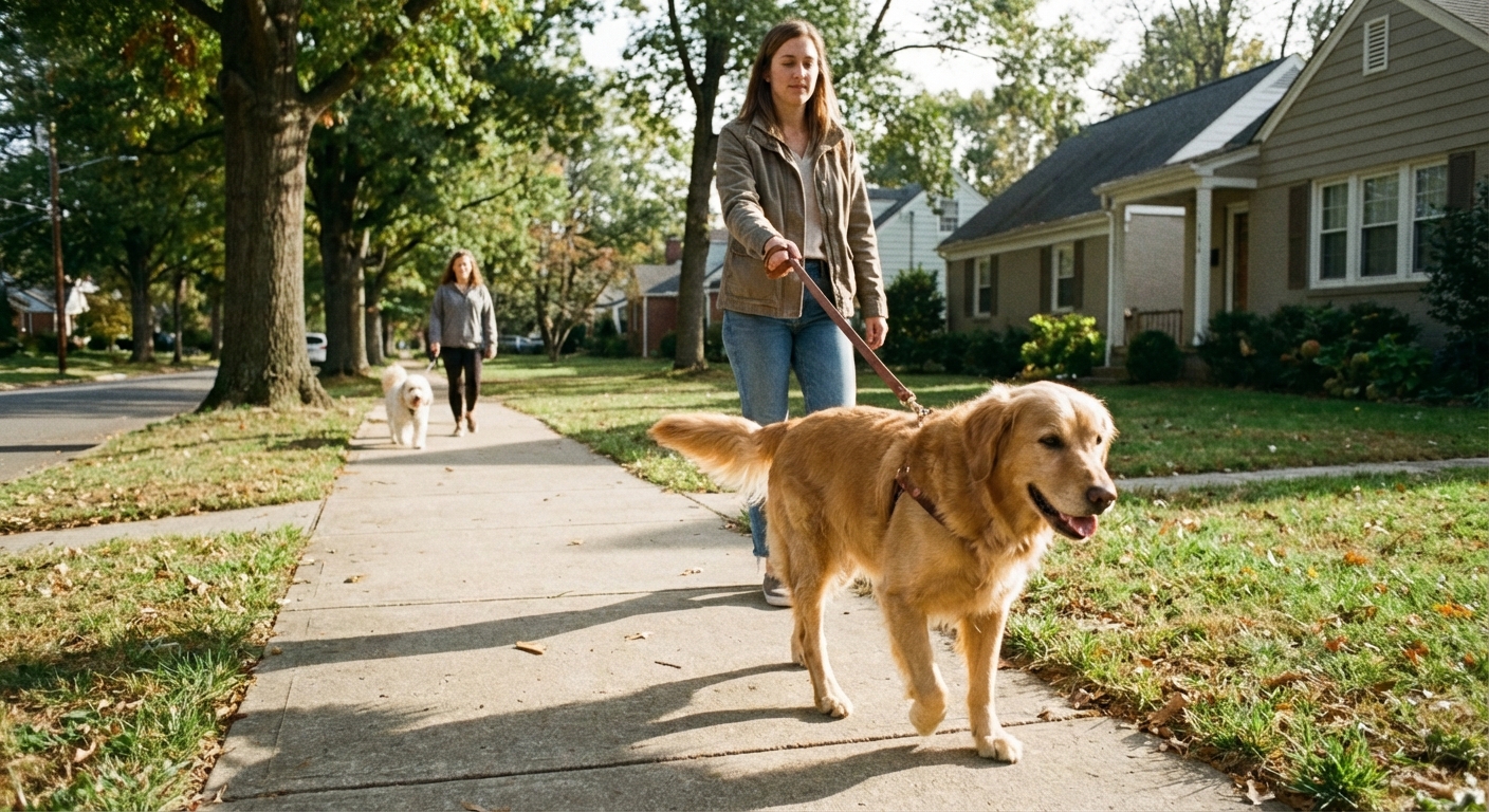 A leashed dog walking on a neighborhood sidewalk with an owner keeping a comfortable distance from other dogs