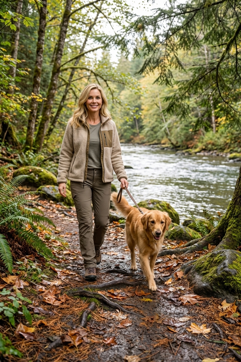 A leashed dog walking with an owner on a wooded riverbank trail with damp soil and leaf litter, realistic outdoor photo