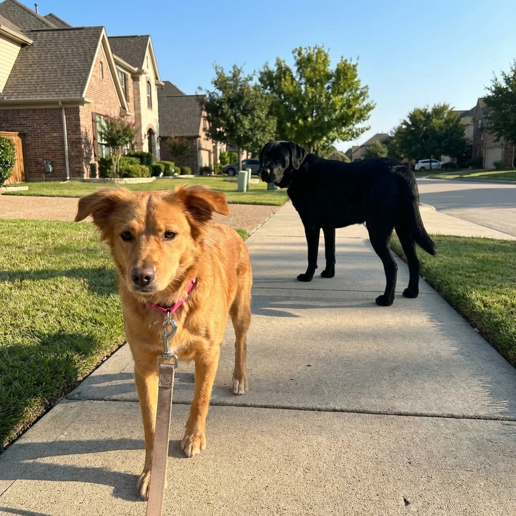 A leashed female dog on a neighborhood sidewalk while a male dog in the distance looks toward her