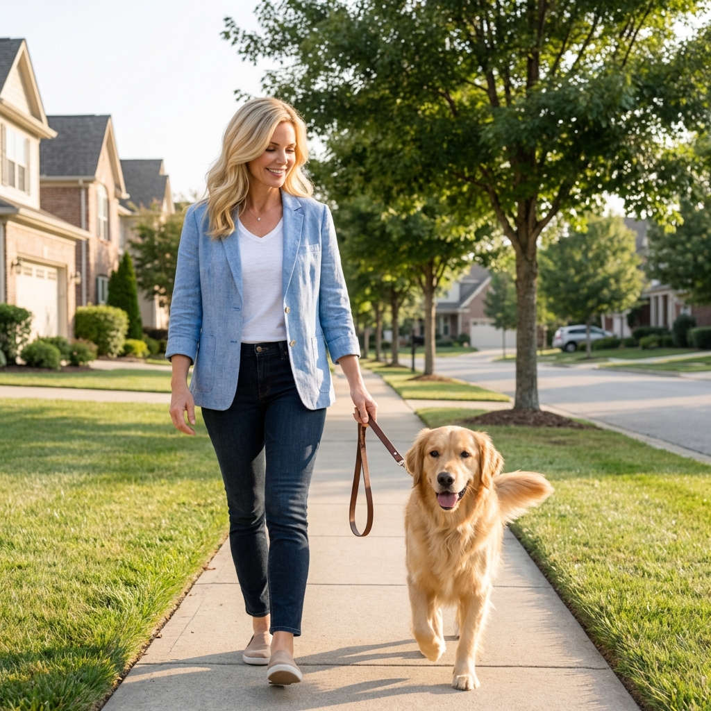 A leashed female dog walking outside on a quiet neighborhood sidewalk