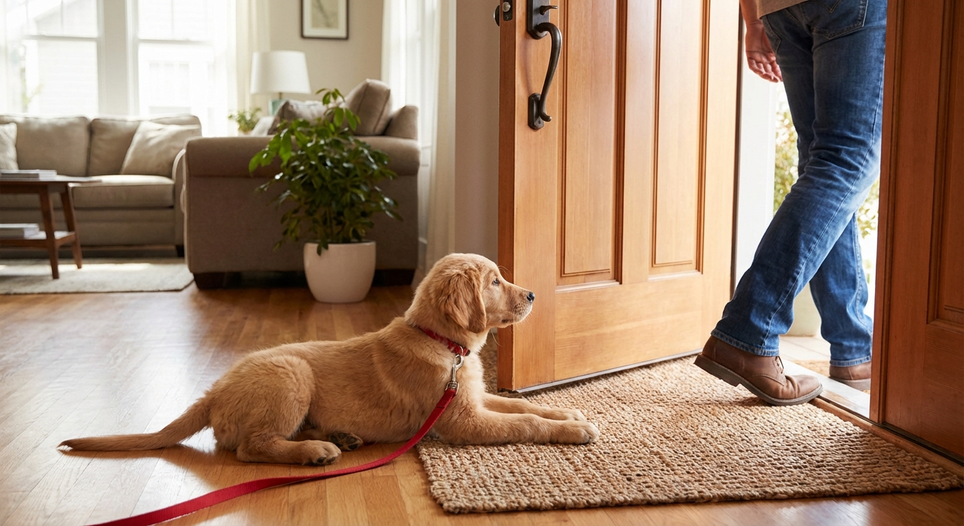 A leashed puppy lying on a small mat near the living room while a guest enters the front door