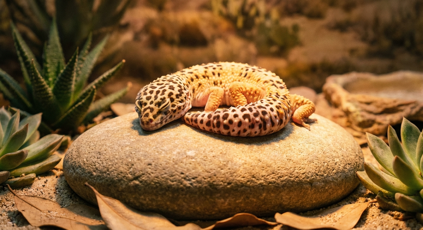 A leopard gecko resting on a smooth rock under warm terrarium lighting
