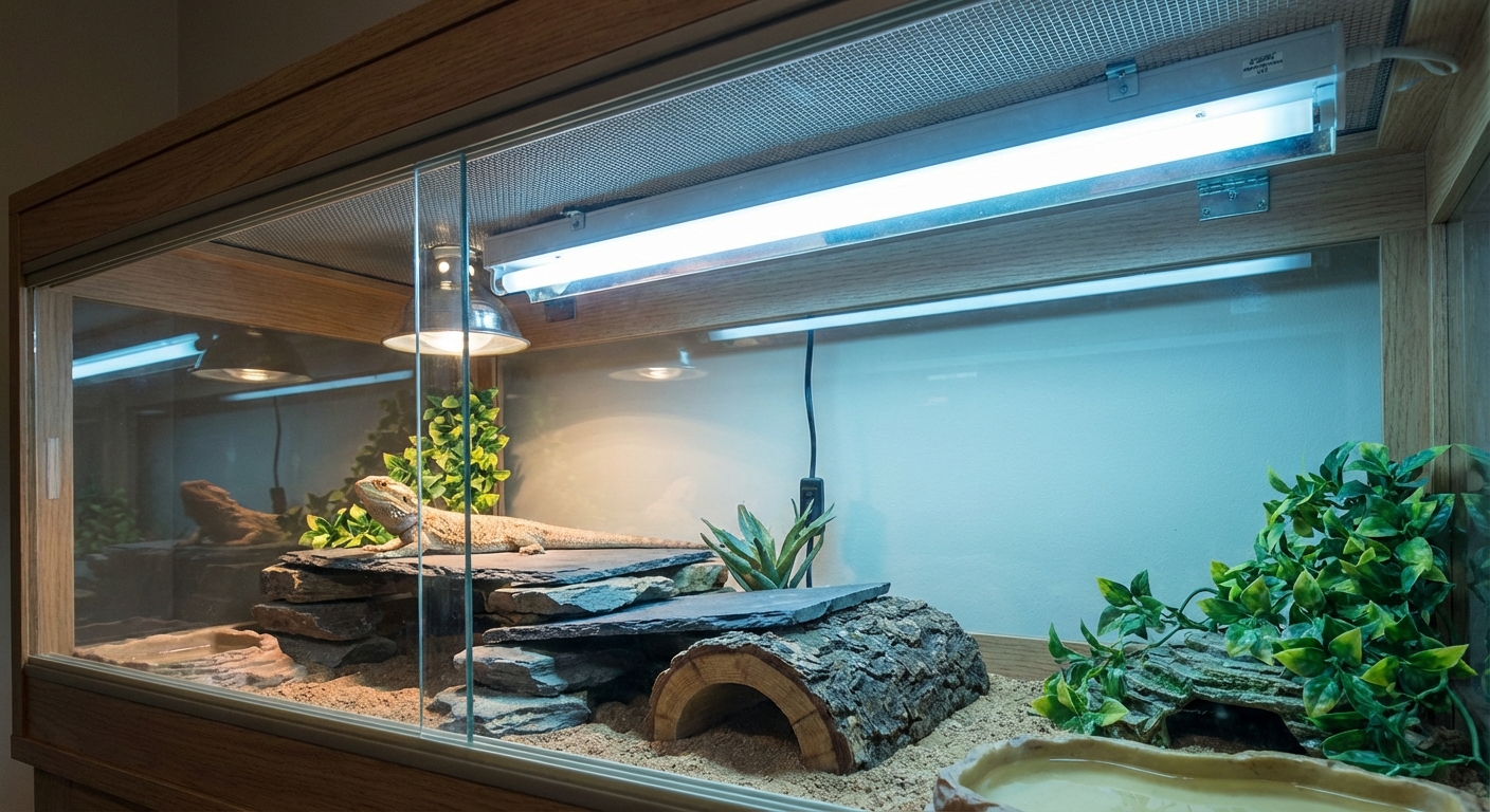 A linear UVB tube light mounted inside a bearded dragon enclosure above the basking area