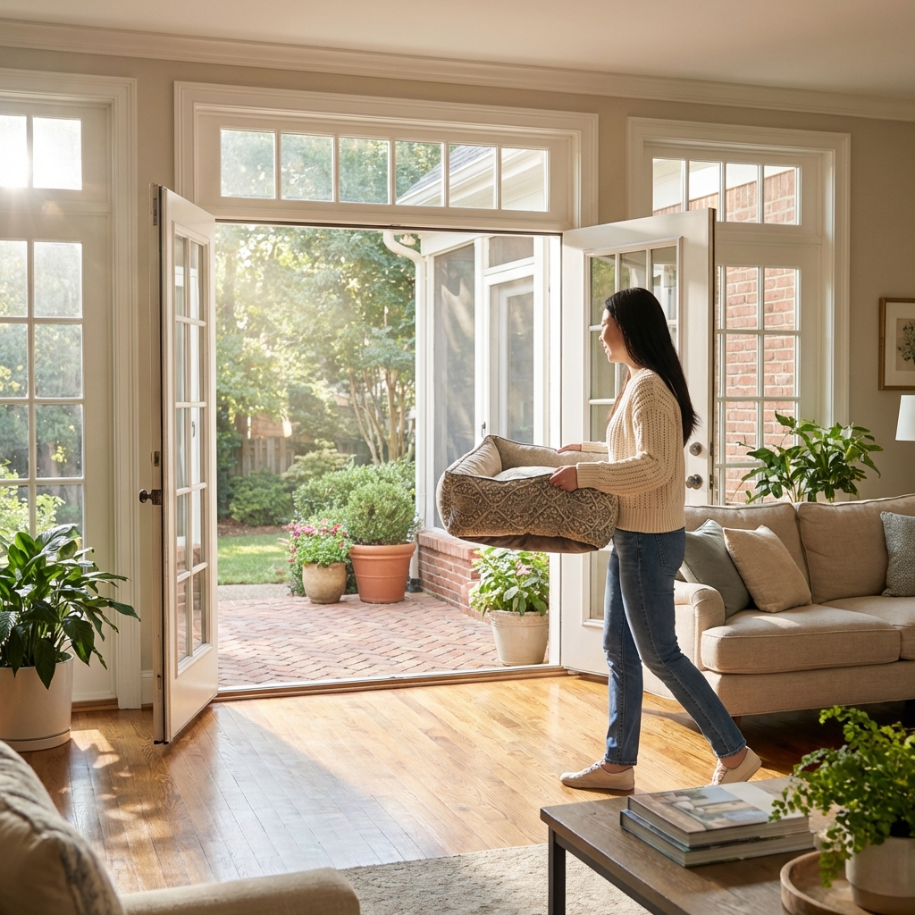 A living room with windows open and a dog bed being carried outside for airing out