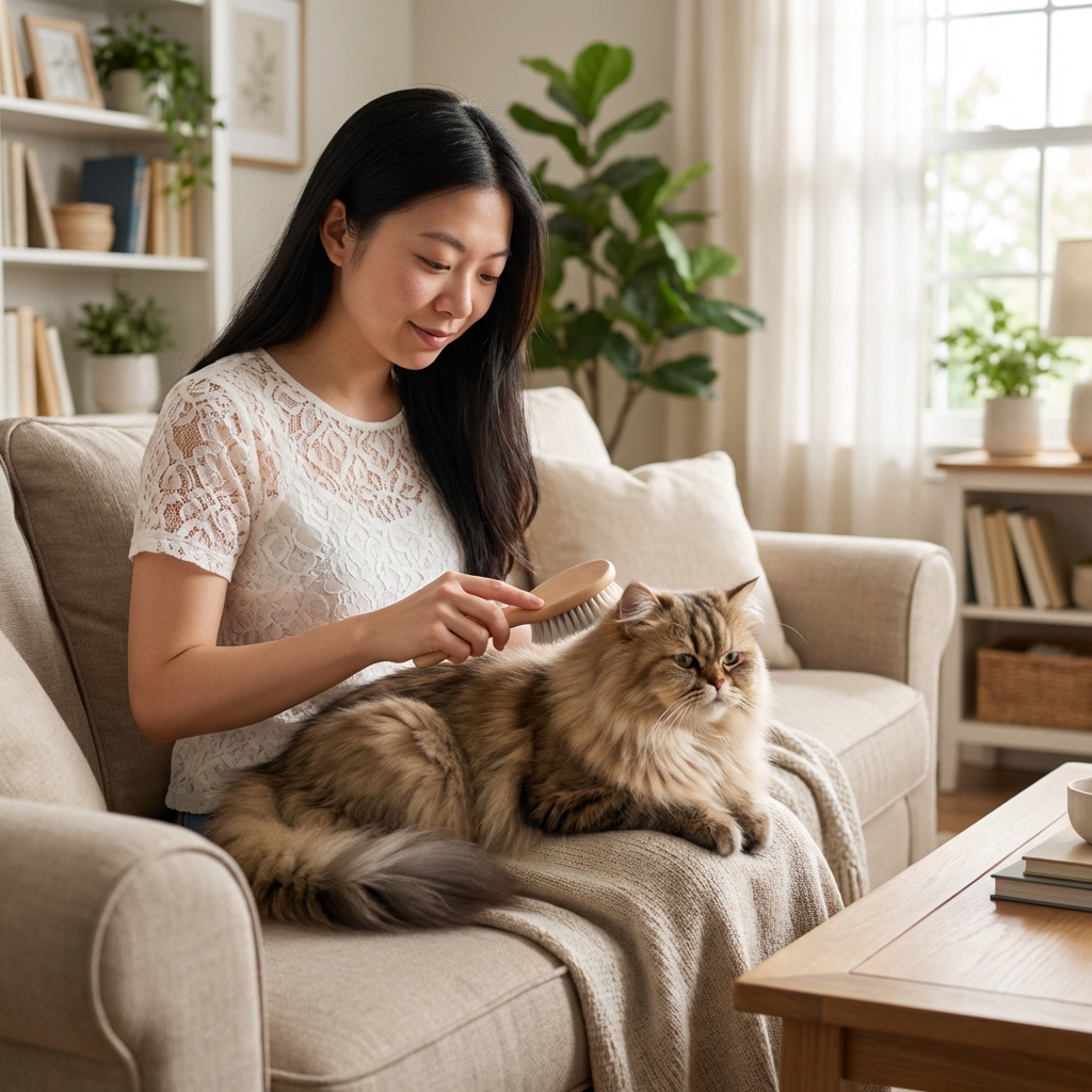 A long-haired cat being gently brushed by an owner in a living room