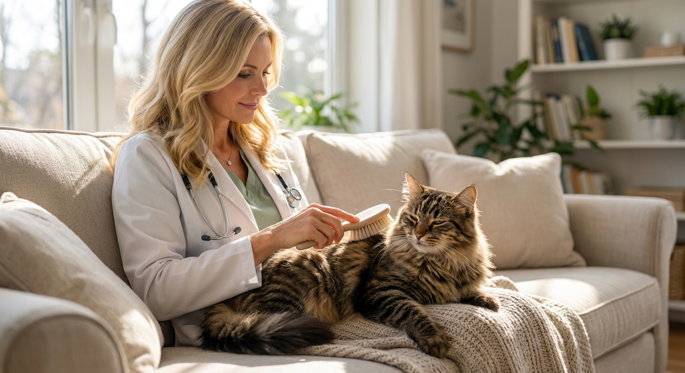 A long-haired cat being gently brushed on a couch in a bright living room