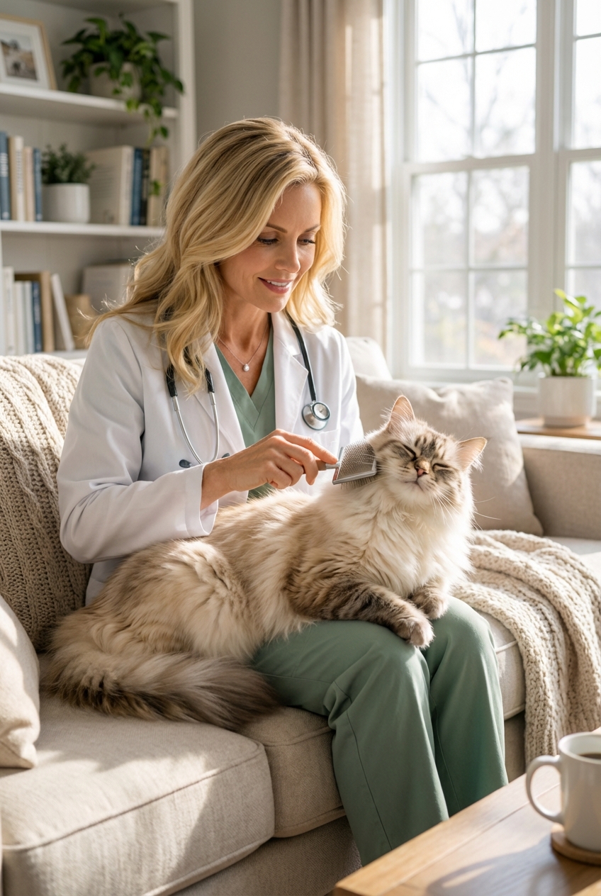 A long-haired cat being gently brushed with a slicker brush in a living room