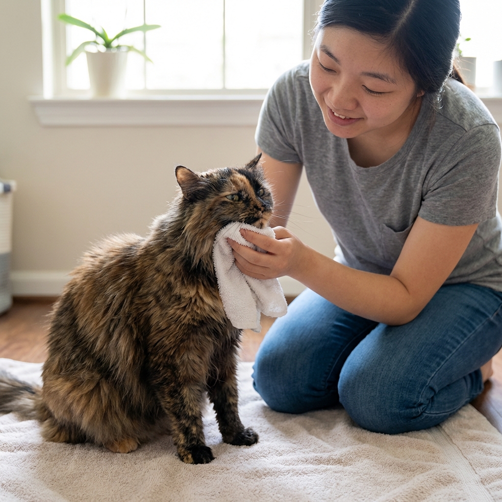 A long-haired cat being gently cleaned with a damp washcloth on a towel