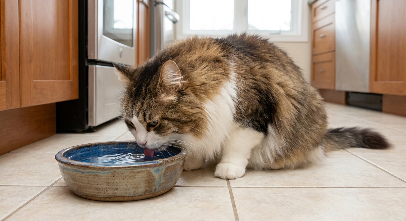 A long-haired cat drinking water from a ceramic bowl on a kitchen floor