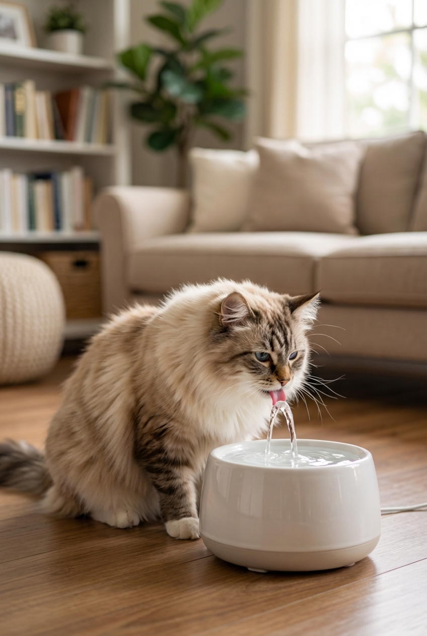 A long-haired cat drinking water from a small pet fountain in a living room
