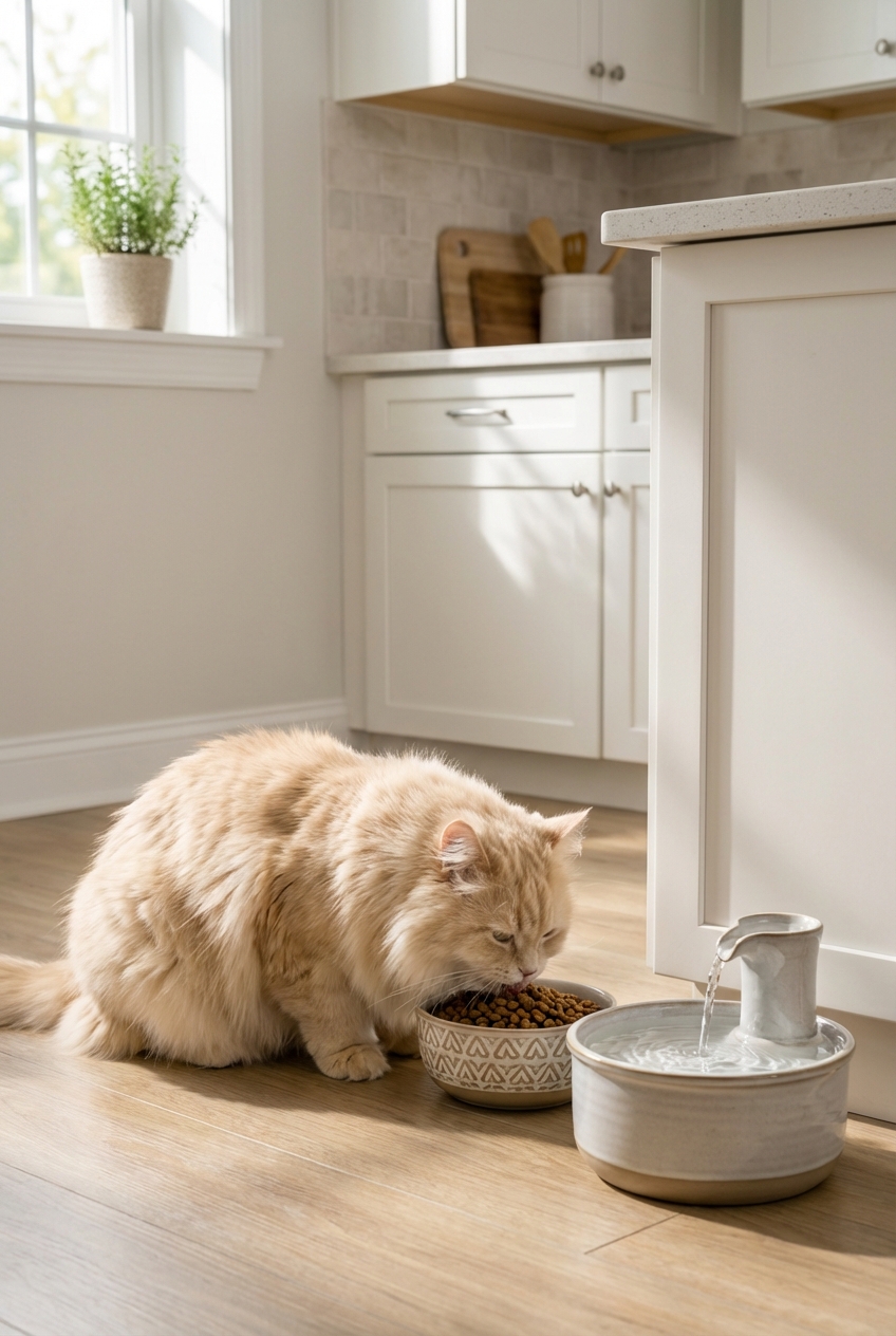 A long-haired cat eating from a ceramic bowl in a kitchen while a water fountain runs nearby