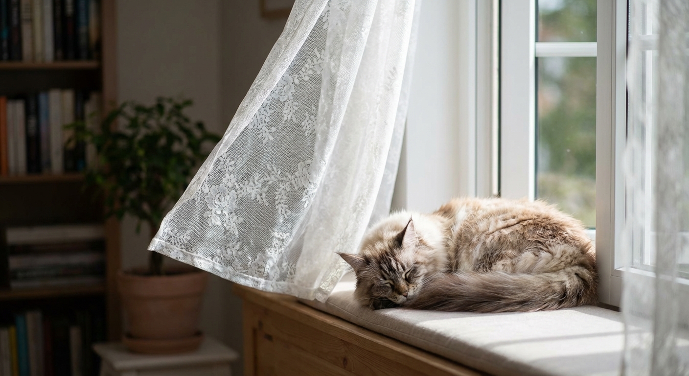 A long-haired cat resting near a shaded window with a gentle breeze moving a curtain