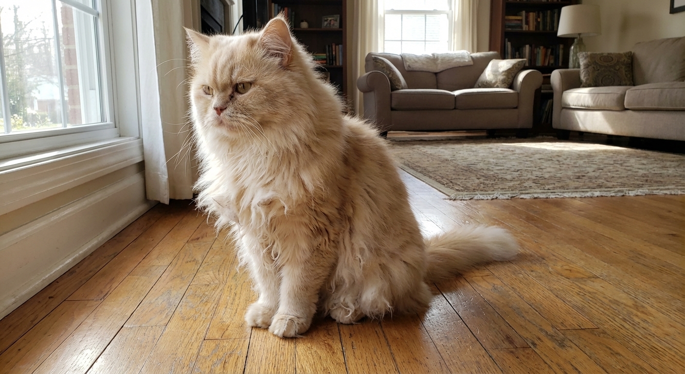 A long-haired cat sitting on a living room floor with visible mats on the chest and belly fur, natural window light, realistic photography