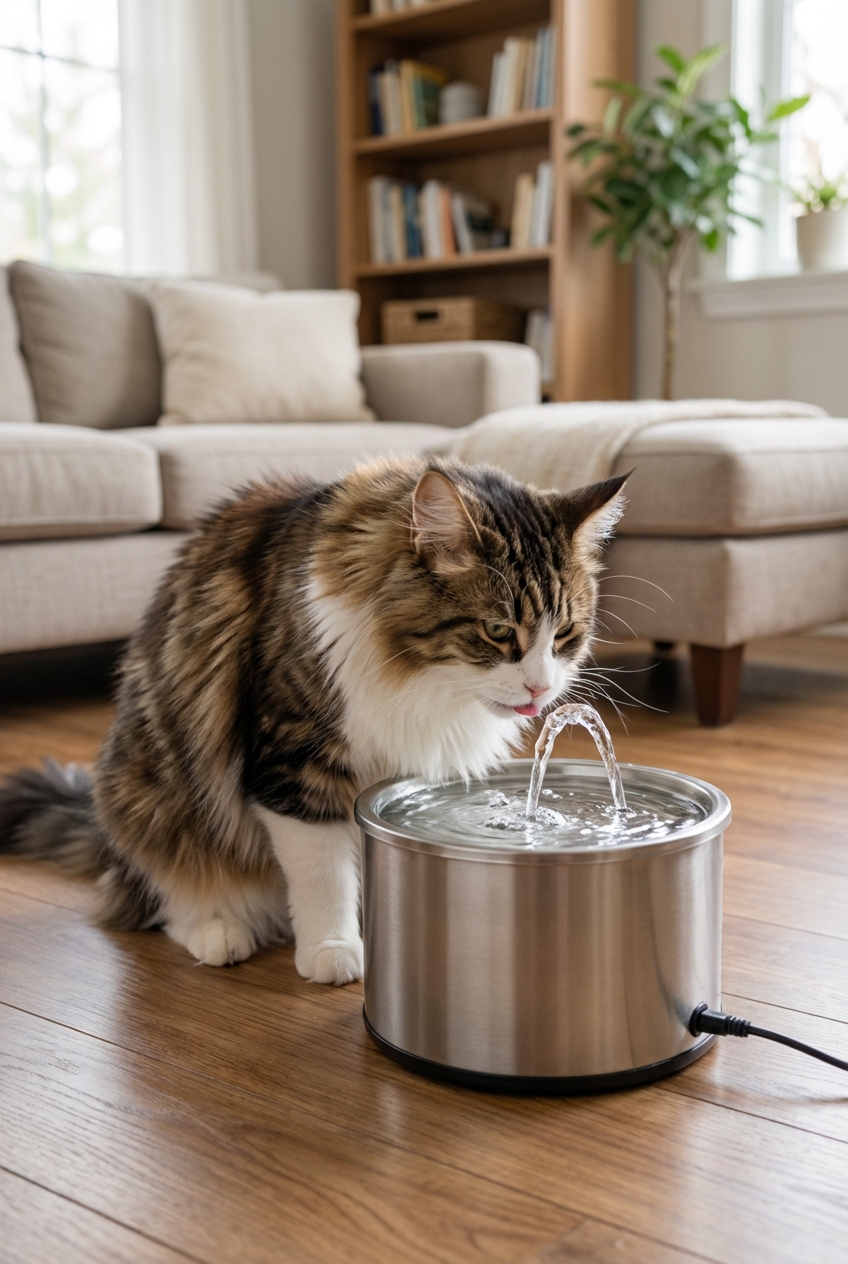 A long-haired cat sniffing and drinking from a stainless steel pet water fountain in a living room