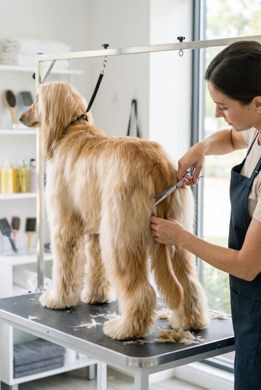 A long-haired dog having the fur around its hindquarters gently trimmed at a grooming table