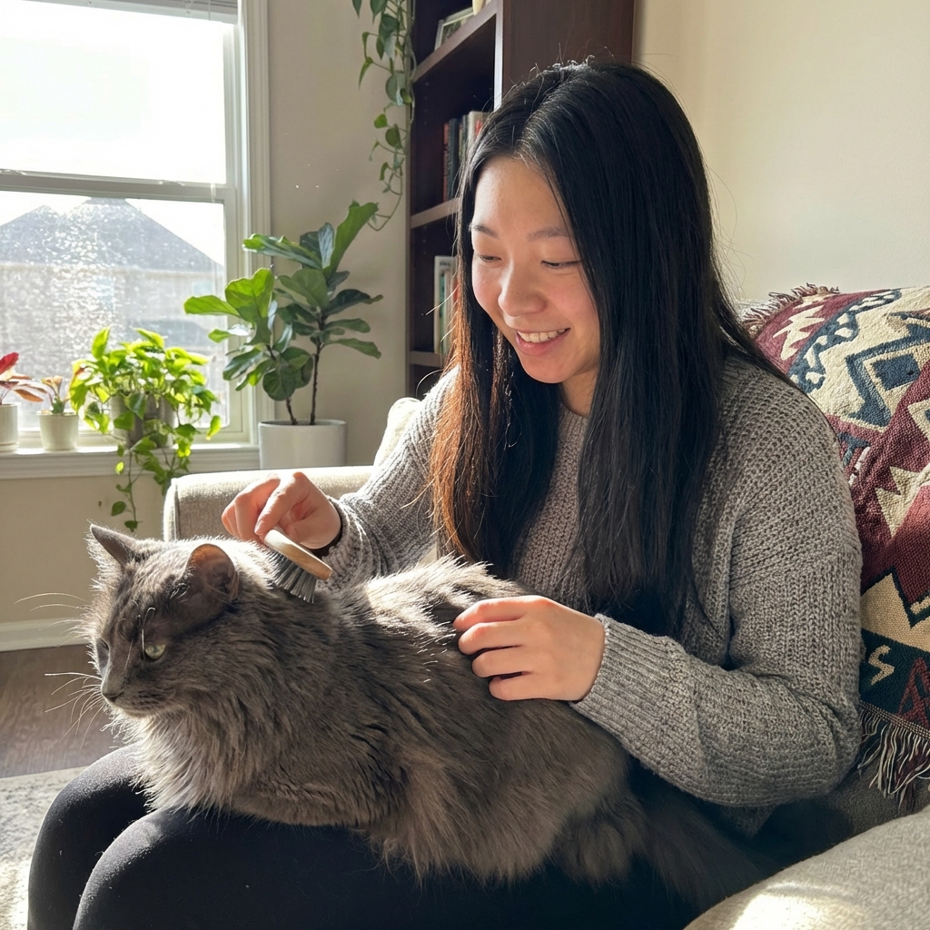 A long-haired gray cat being gently brushed by an owner in a living room with natural window light
