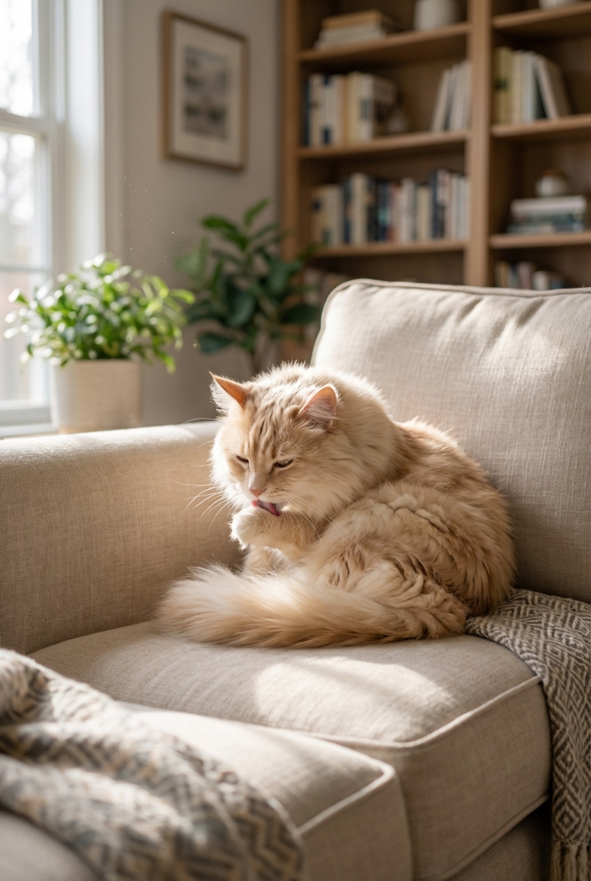 A longhaired cat grooming on a sofa in a quiet living room