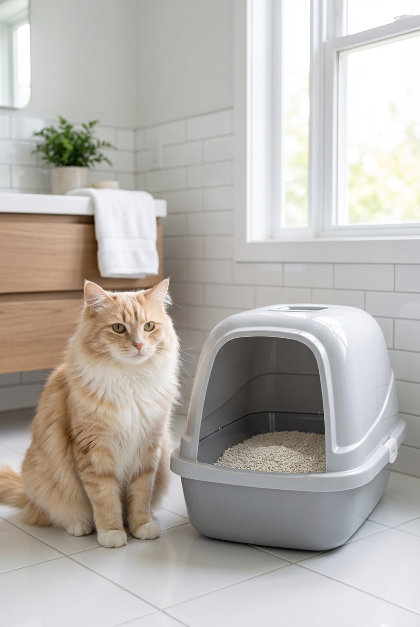 A longhaired cat sitting beside a clean litter box in a bright bathroom