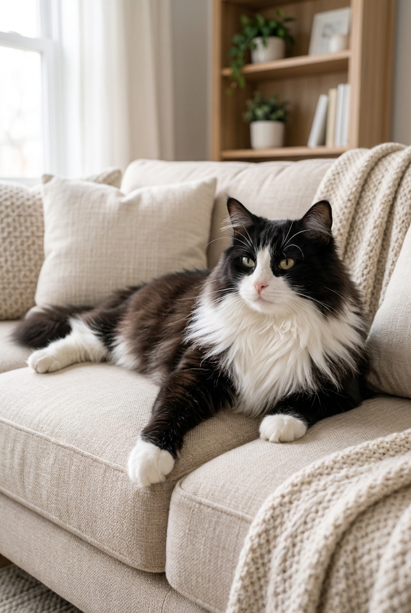 A longhaired tuxedo cat with a fluffy white chest ruff lounging on a sofa