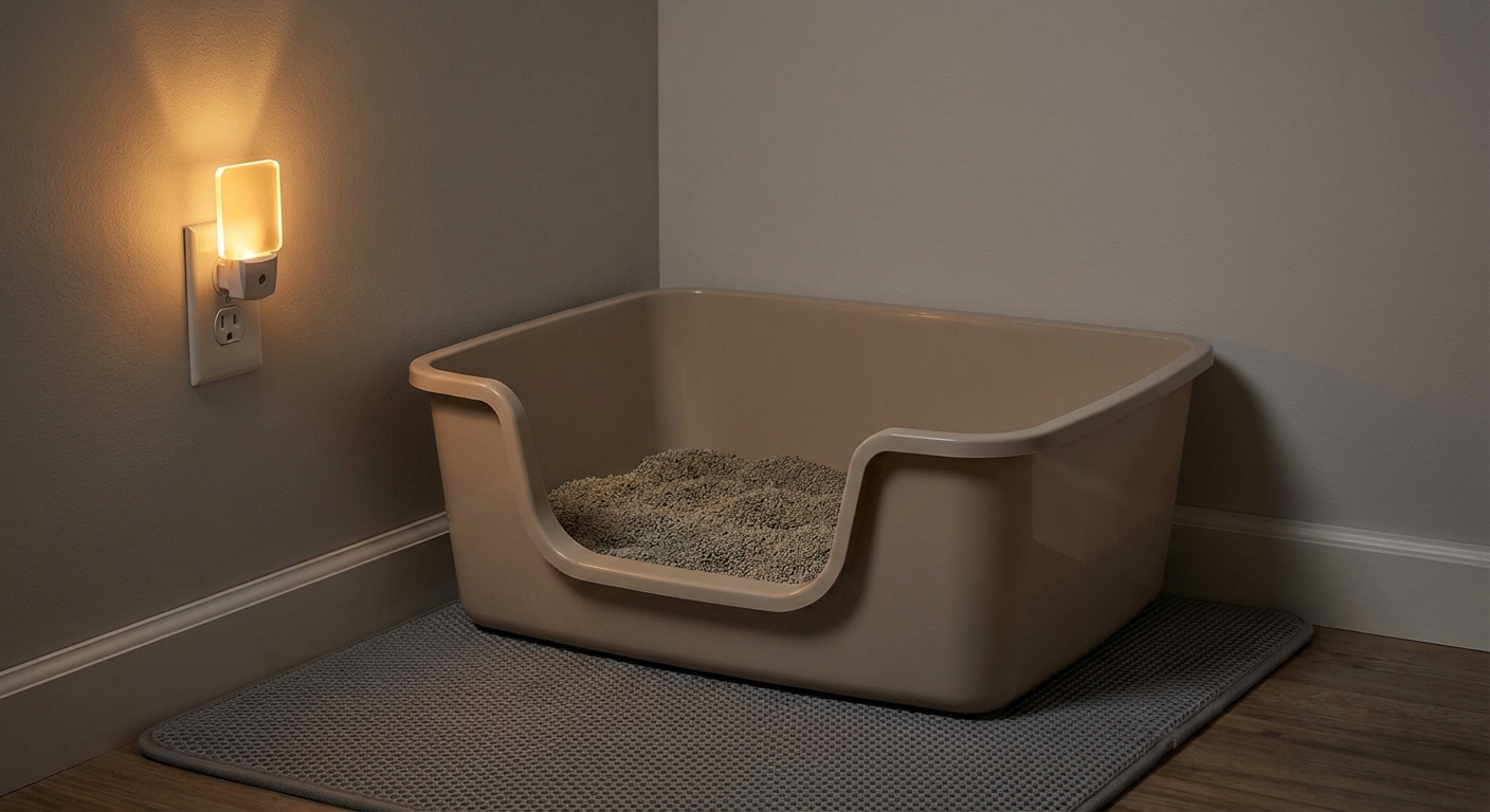 A low-entry litter box placed in a quiet corner with a small night light nearby