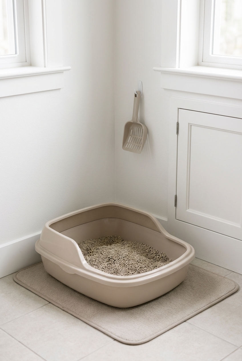 A low-sided litter box placed in a quiet corner away from a kitten’s food and water bowls