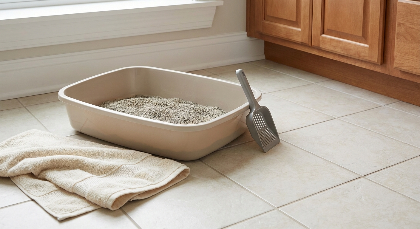 A low-sided litter box placed on a bathroom floor with a towel nearby for easy cleanup
