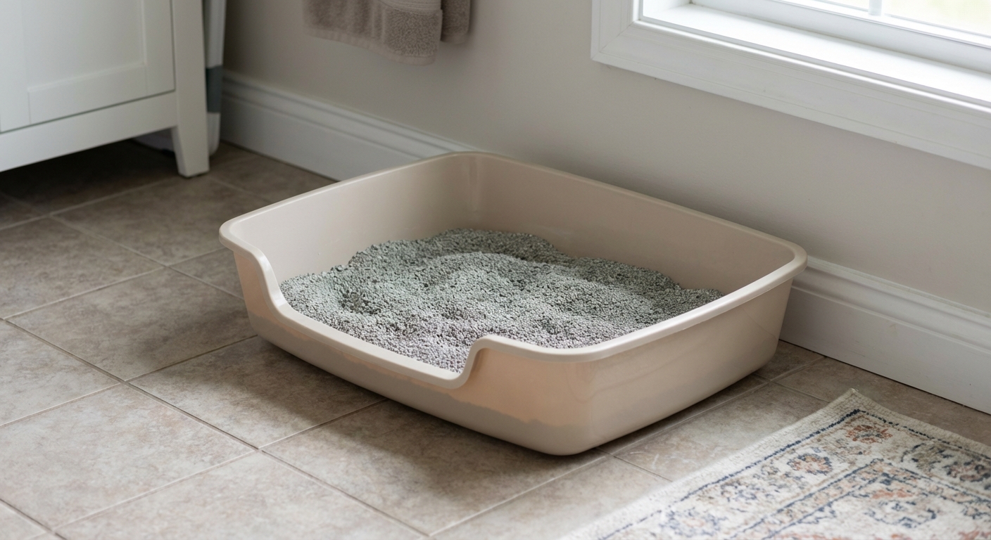 A low-sided litter box with unscented litter on a bathroom floor