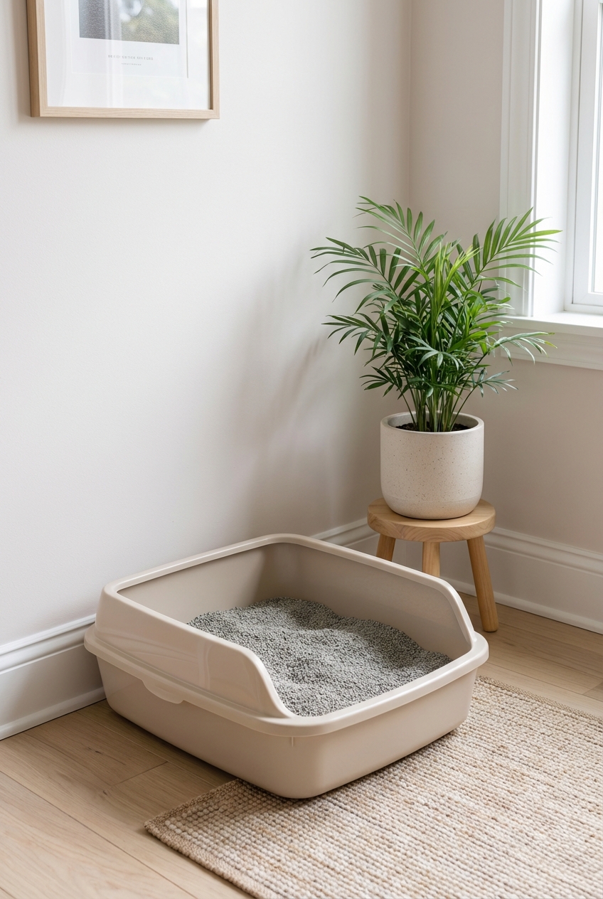 A low-sided open litter box placed in a quiet corner of a room
