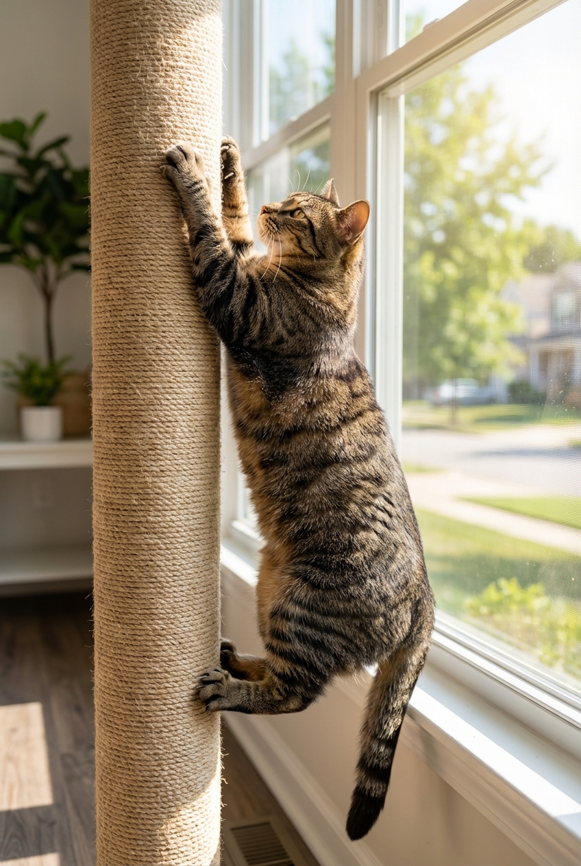 A male cat stretching on a tall scratching post next to a sunny window