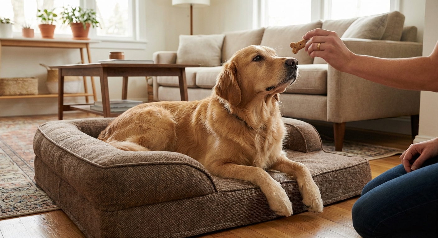 A male dog lying calmly on a dog bed in a living room while a person holds a treat