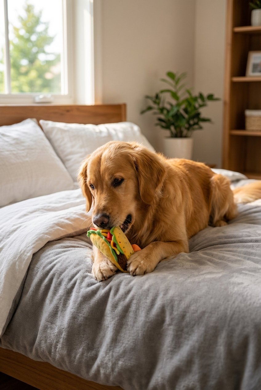 A male dog resting on a bed indoors while chewing a stuffed food toy