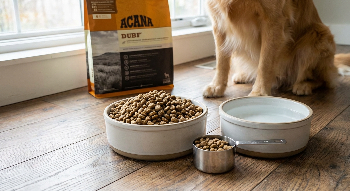 A measured bowl of high-quality kibble next to a measuring cup and a fresh water bowl