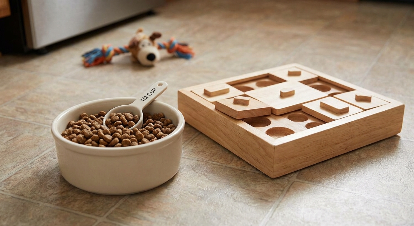 A measured portion of kibble in a bowl next to a small puzzle feeder, suggesting healthy feeding habits
