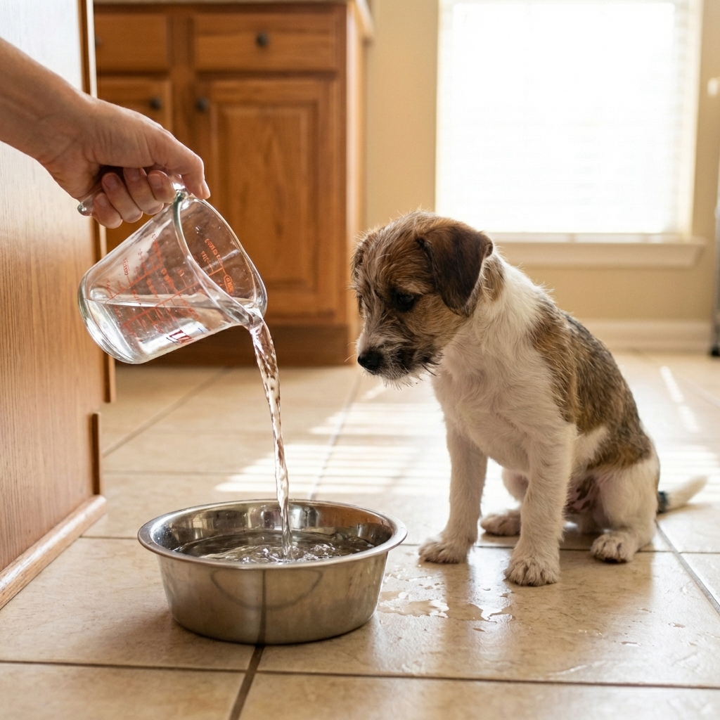 A measuring cup pouring fresh water into a puppy's bowl in a bright kitchen