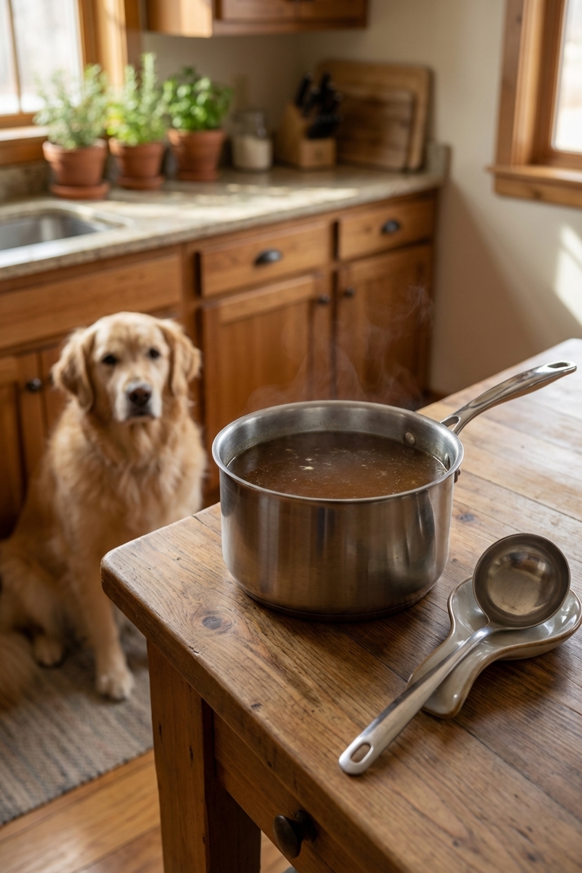 A medium saucepan of homemade bone broth cooling on a kitchen counter next to a ladle, with a large dog watching calmly in the background, warm natural light, photorealistic photo