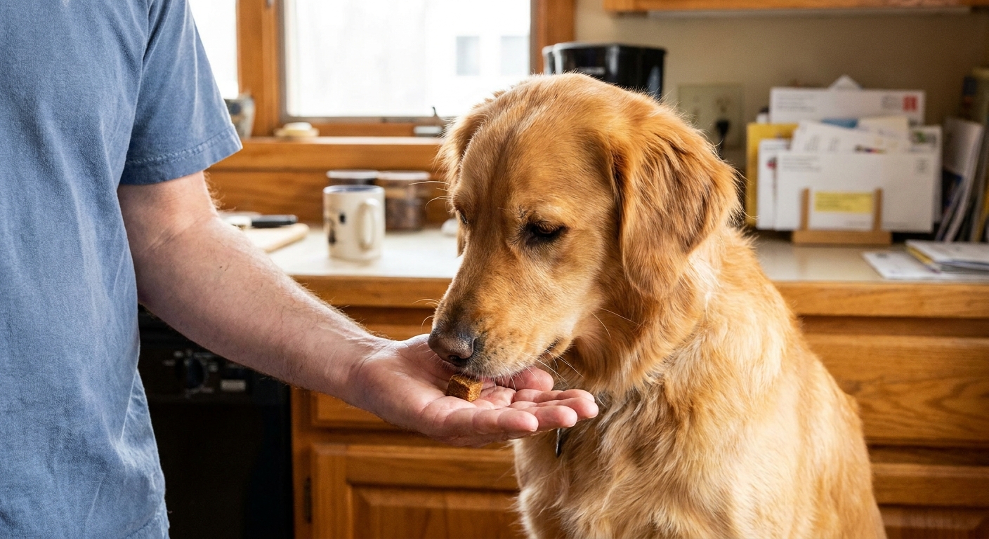 A medium-size dog calmly taking an oral pill treat from an owner’s hand in a bright kitchen, a real-life at-home medication moment