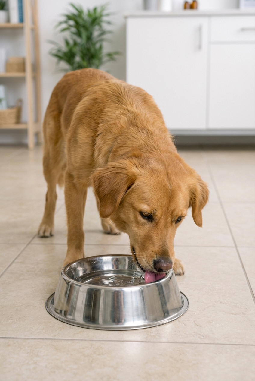 A medium-size dog drinking water from a stainless-steel bowl on a tile floor