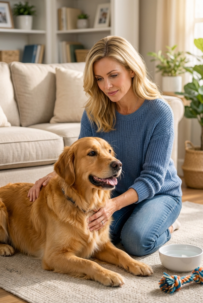A medium-size-dog indoors while a person gently comforts it during a brief breathing episode