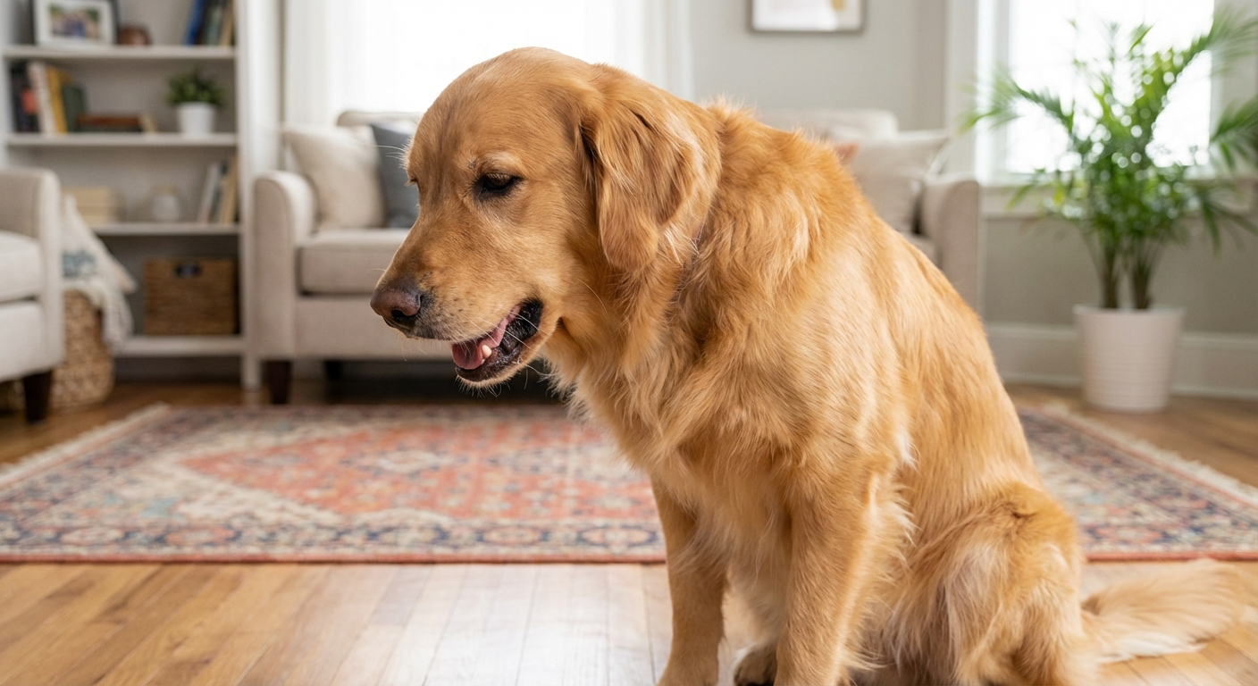 A medium-size dog indoors with head slightly extended while making a coughing posture
