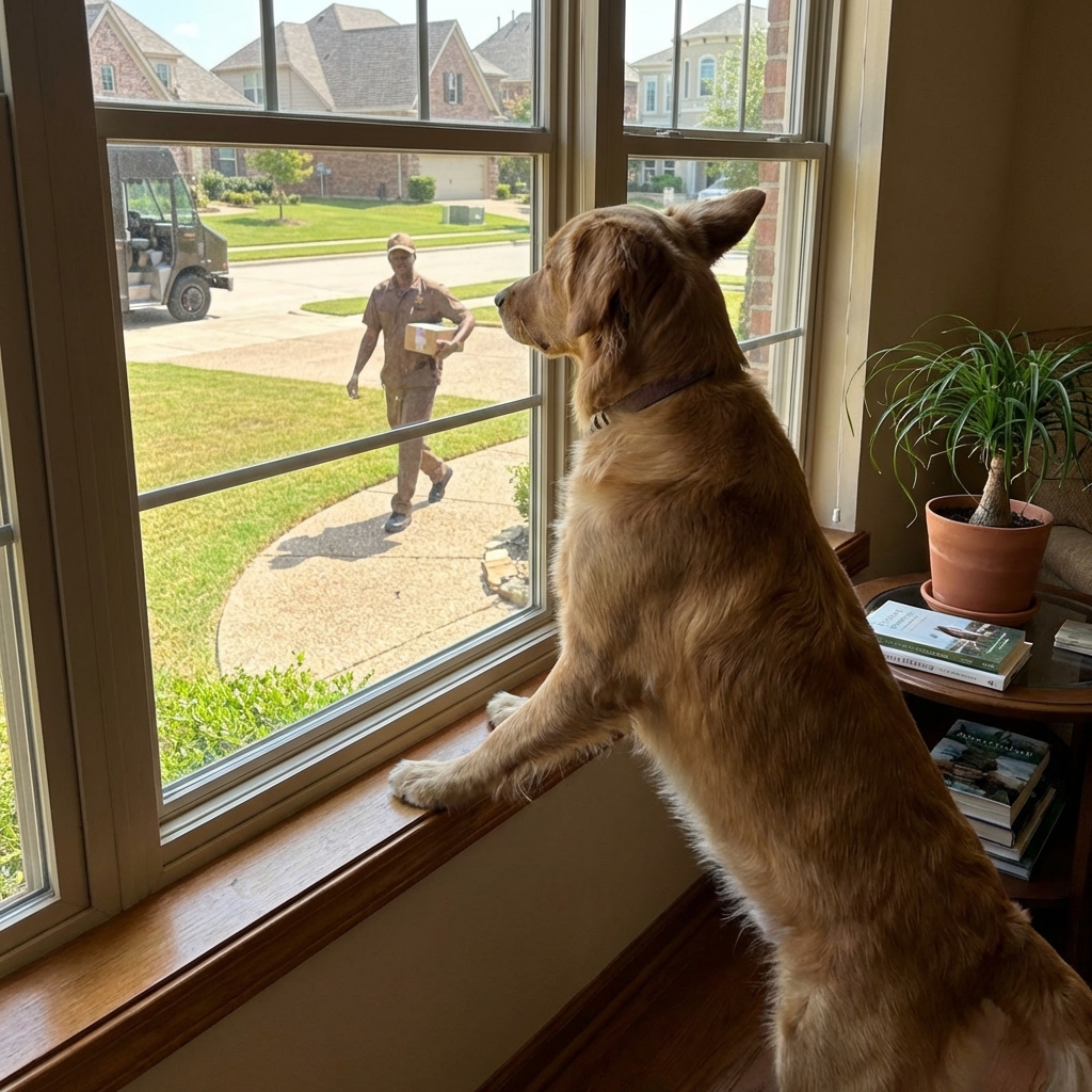 A medium-size dog looking out through a front window with ears perked while a delivery person walks on a sidewalk