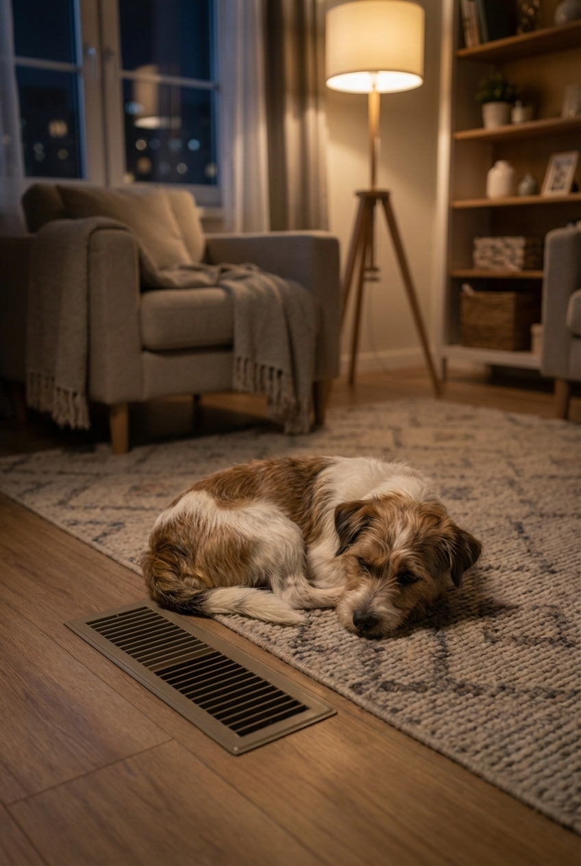 A medium-size dog lying down on a living room rug near a floor vent at night